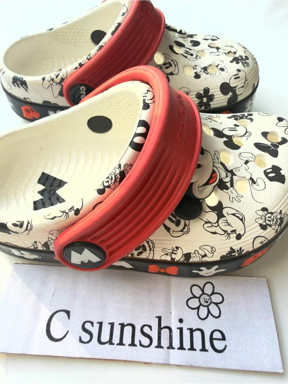 CROCS Mickey Mouse, Minnie, mouse Print Clogs with Red Straps